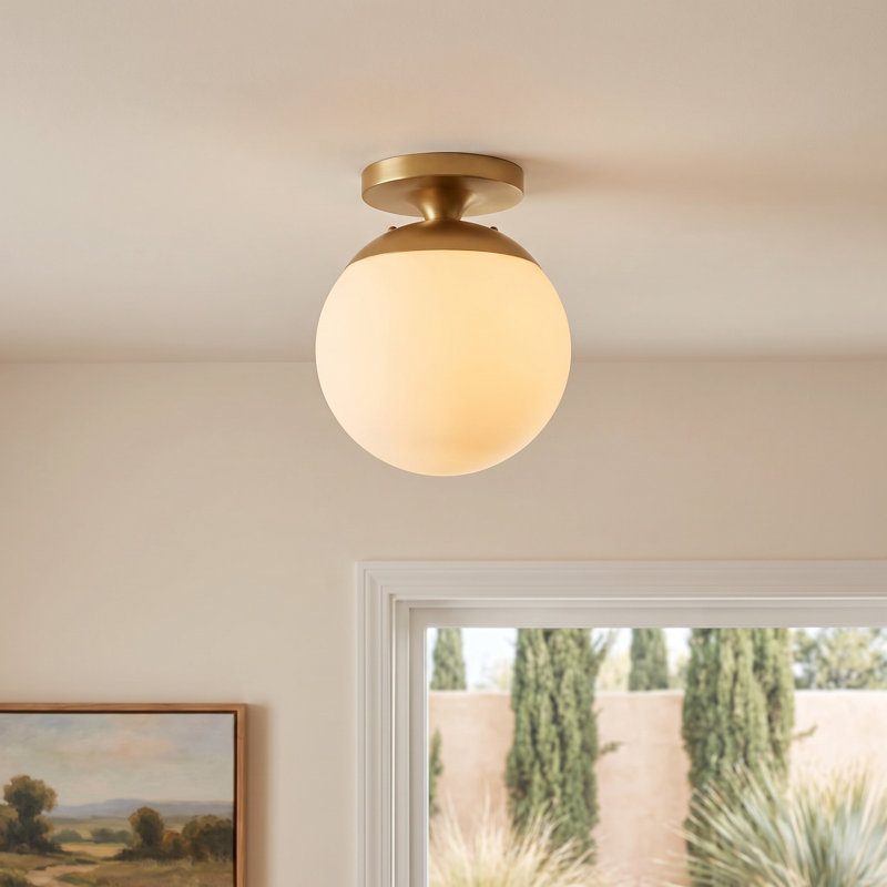 Meri Glass Semi Flush Mount, White, No, Satin Brass