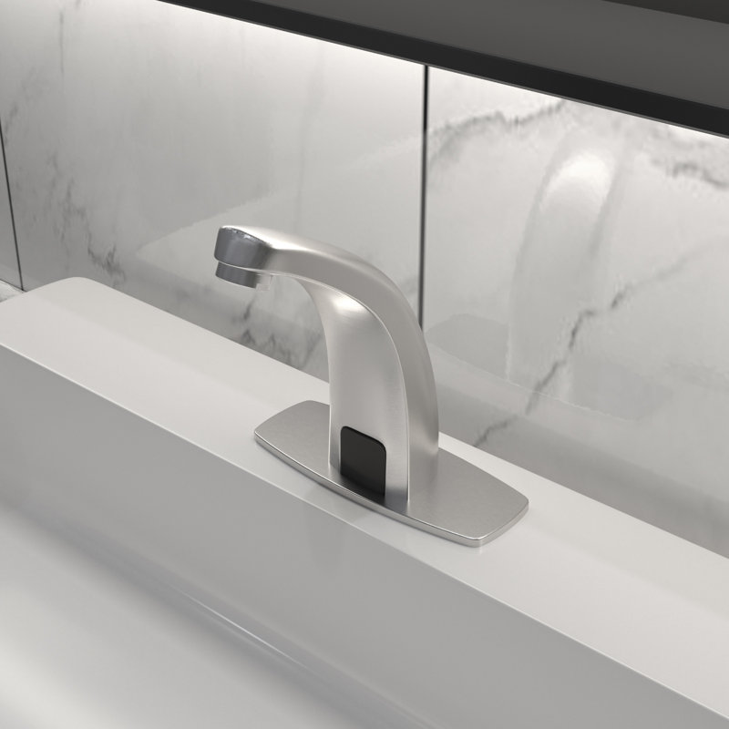 Automatic Touchless Single Hole Low Arc Deck Mount Bathroom Faucet With Deck Plate & Pop Up Drain In Brushed Nickel