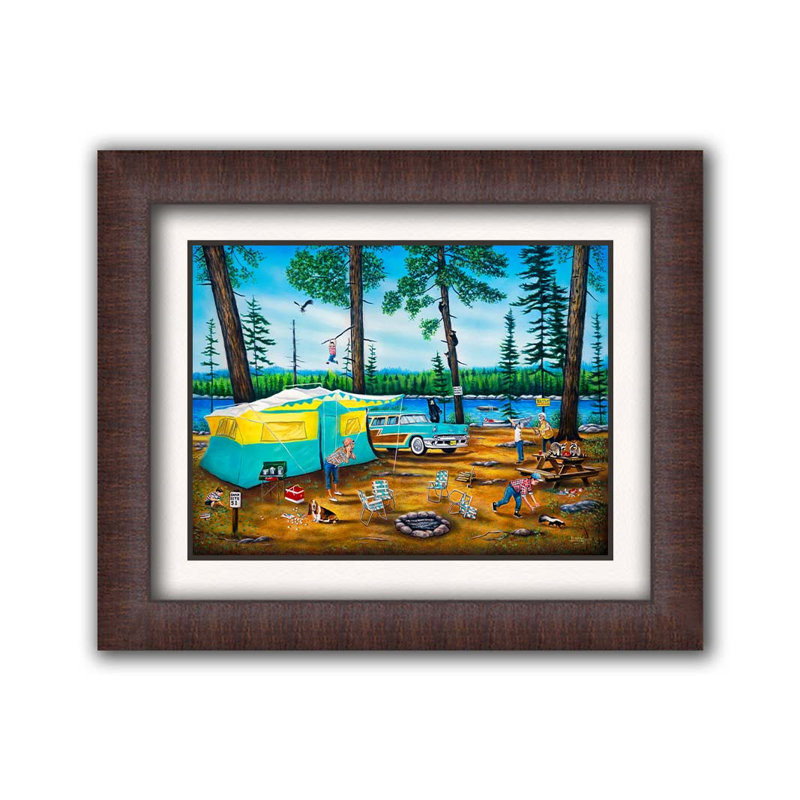 «Happy Campers» par Robert Andrea, H 24 po x l 32 po x P 2 po, Toile avec cadre unique brun, Blanc