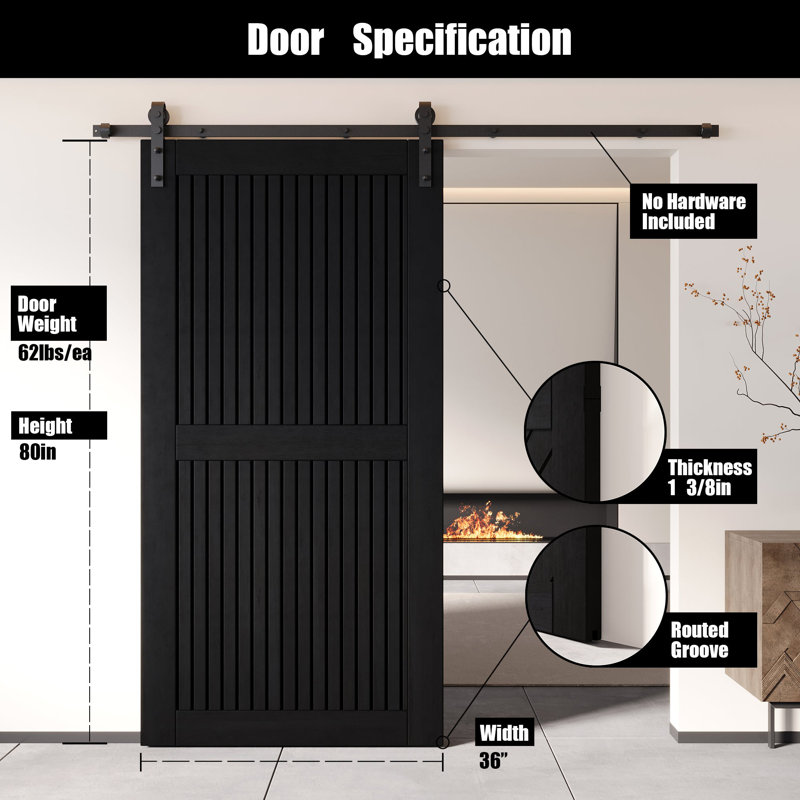 Porte de grange en bois de pin fini et non assemblé Homacer, 36 po x 80 po