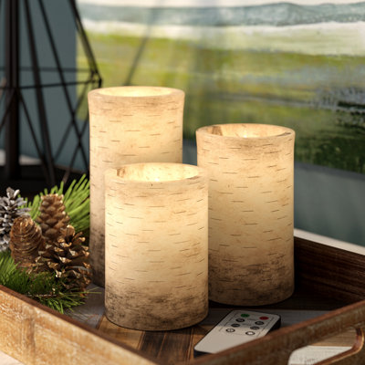 August Grove Flameless Candles - 3-Pack Faux Birch Bark Battery Operated LED Candles with Remote and Flickering Light - Candles for Home Décor