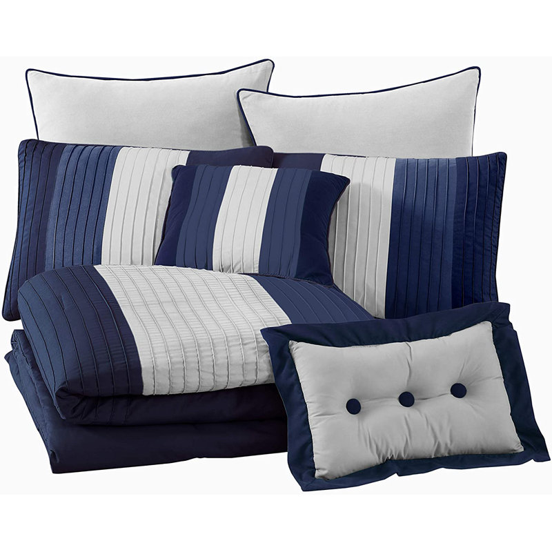 Loft 8-Piece Pleated Stripe Microfiber Comforter Set, Full Comforter + 2 Standard Shams, Navy