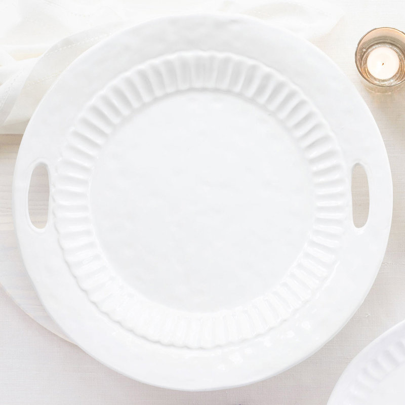 White Ceramic Round Tray with Handles, 16.5 inch
