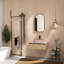 Meuble-lavabo mural moderne avec lavabo en céramique rose, finition café clair