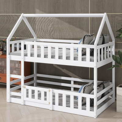Twin Over Twin House Bunk Bed With Fence And Door
