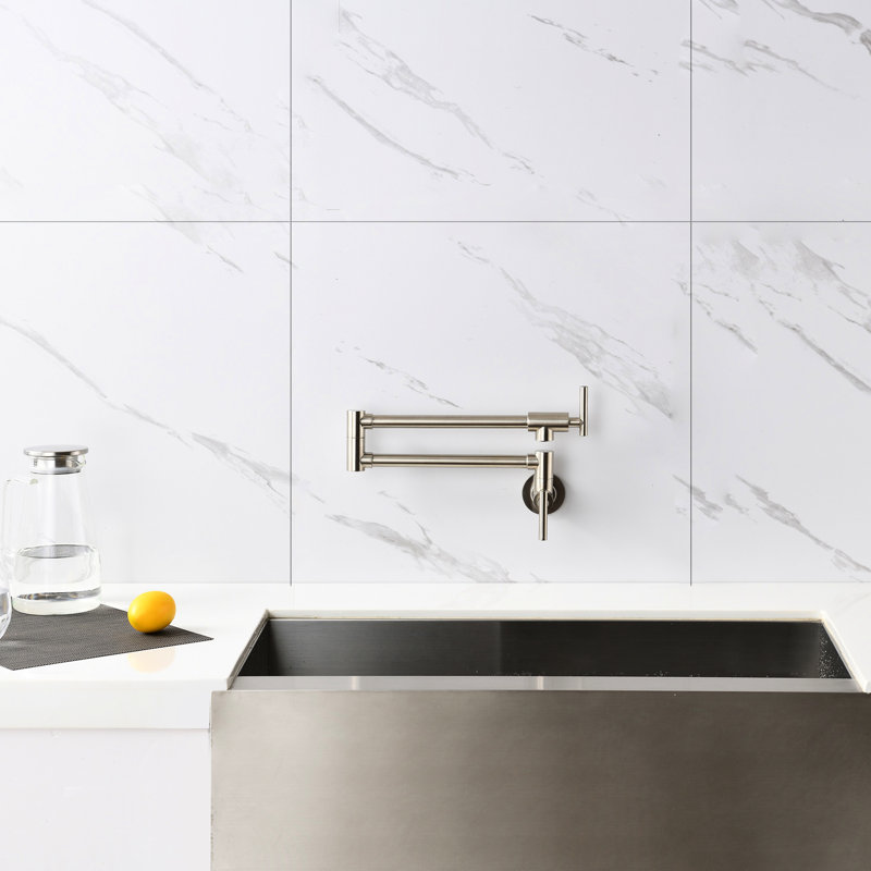 Brushed Nickel Wall Mount Folding Pot Filler Faucet - Convenient Filling With Arm, Double Handles For Stable Water Supply, Corrosion And Fingerprint- Surface In Effective , Special To Corrosion