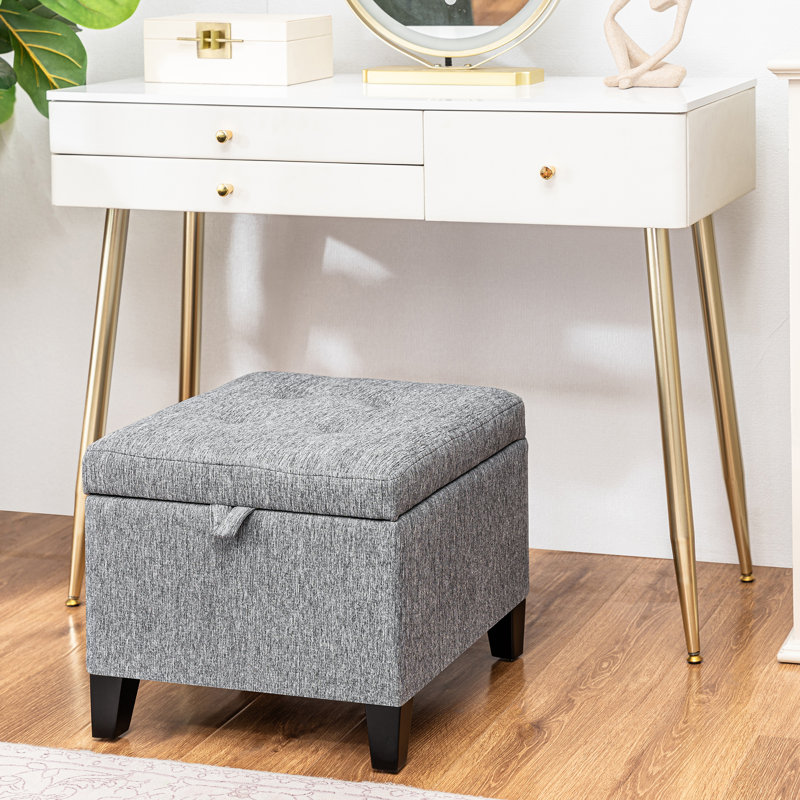 Repose-pieds de rangement carré capitonné de 17,7 po de large Kays, Mélange de lin gris, Noir