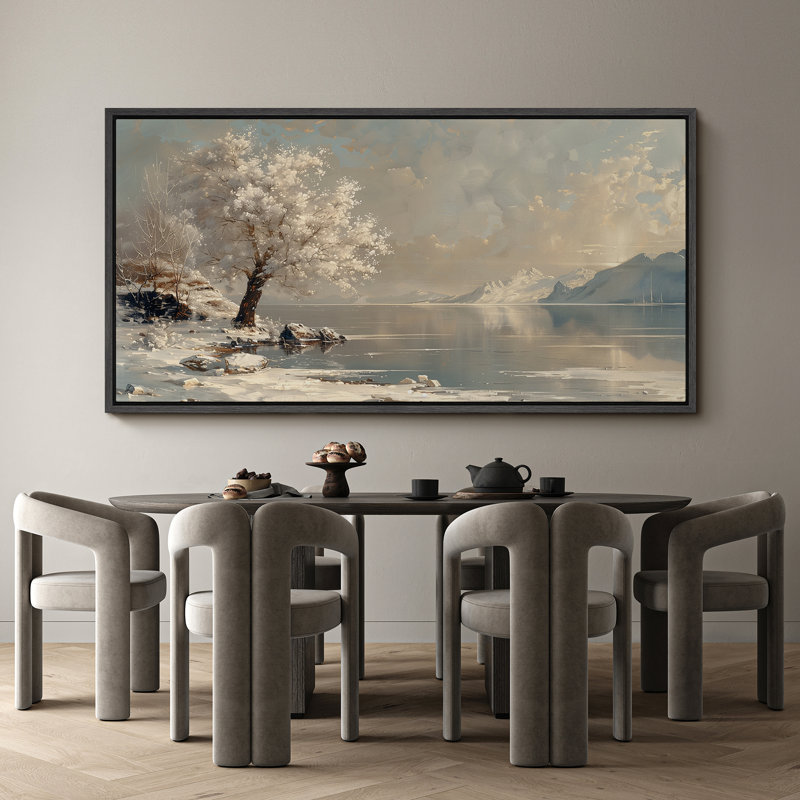«Rustic Countryside Snow-Tree-Covered River And River Mountain Modern Winter Landscape», reproduction d'art sur toile