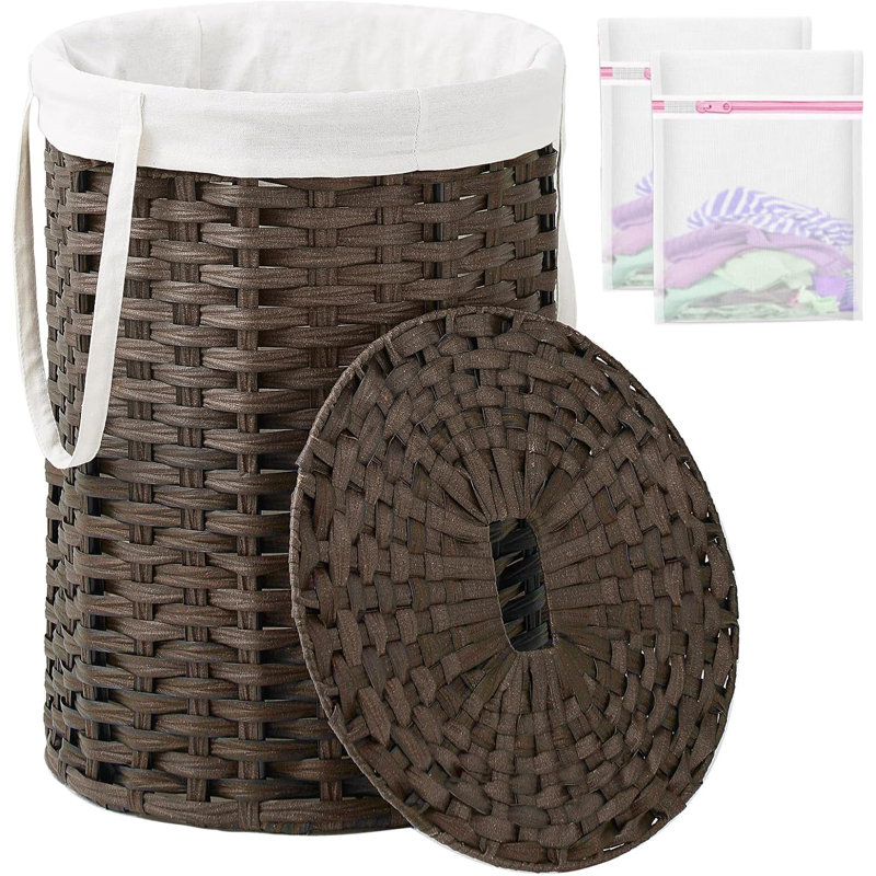 Wicker Laundry Hamper With Lid And Removable Lining - 19 Gallon Round Rattan Laundry Basket With Handles And 2 Mesh Bags For Bathroom Or Living Room Storage