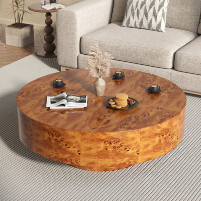 Handcrafted Burl Wood Round Coffee Table with Strudy Pedestal, Mid-Century Modern Solid Wood Coffee Table for Living Room