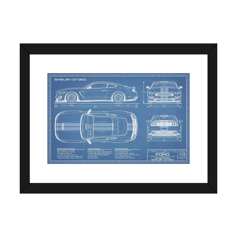 GT350 Shelby (2015-2019) Blueprint-impression de dessin, Blanc, H 24 po x l 32 po x P 1 po, Papier encadré noir