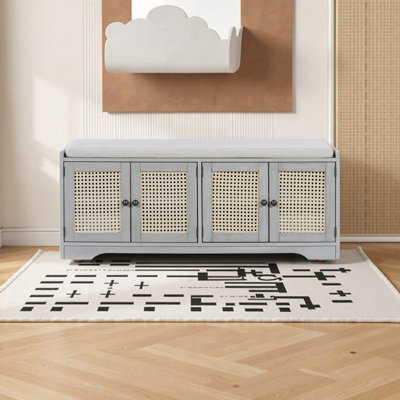 Banc de rangement d'entrée rustique de 47,4 pouces avec portes en rotin tissé, tablettes réglables et coussin amovible