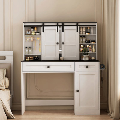 Coiffeuse Farmhouse avec miroir lumineux et tiroir de maquillage