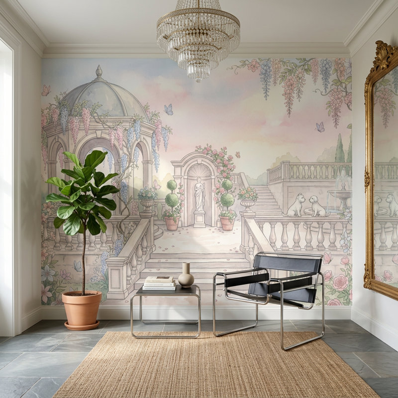 Murale de pavillon de jardin classique Pastel Garden, 160 po x 108 po, Texturé non collé