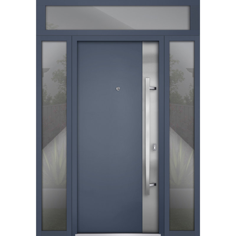 Porte avant en acier pré-suspendue à l'avant / deux gris graphite 0729/2 fenêtres extérieures latérales et supérieures / inserts en acier inoxydable peints simples modernes - l 16 + 36 + 16 po x H 80 + 16 po - Gauche
