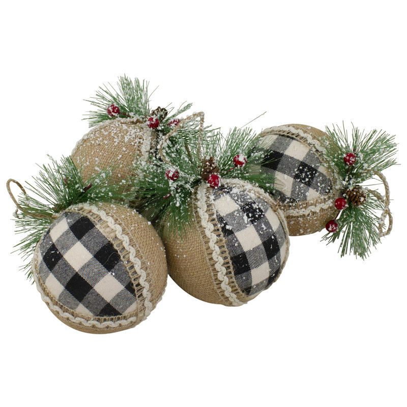 Ornements de boules de Noël écossais avec toile de jute 6 po (152 mm), Blanc / noir