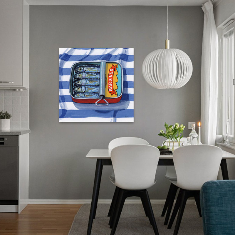 Art contemporain sardines sur toile rayée, H 32 po x l 32 po