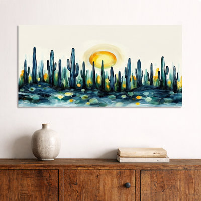 Impression sur toile moderne moderne - chasse au cactus royal, scène de désert, art boho vert