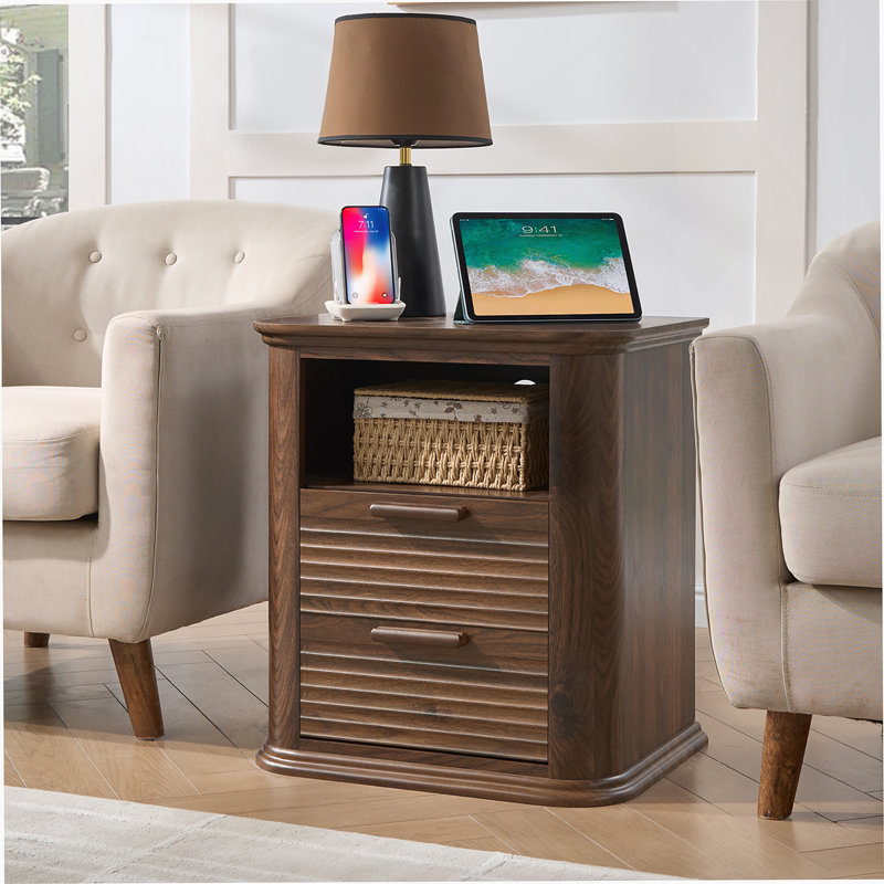 Table de chevet avec station de charge, table de bout moderne avec 2 tiroirs et une tablette de rangement ouverte, table de chevet pour le salon, la chambre à coucher