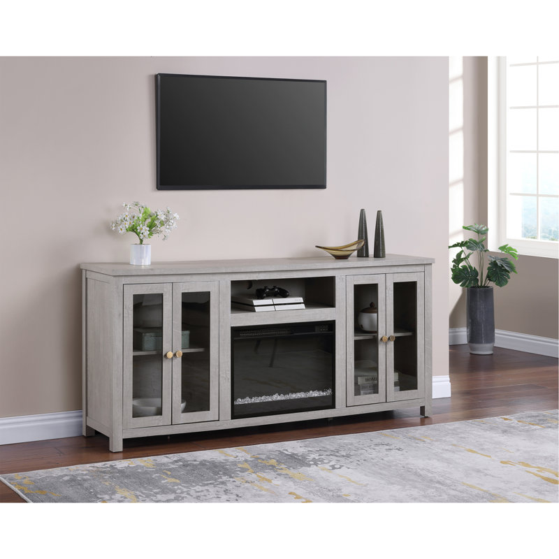 Ellington 70"W Light Gray Finish Fireplace TV Stand Console With Heater, LED Light, Cabinets, Shelves