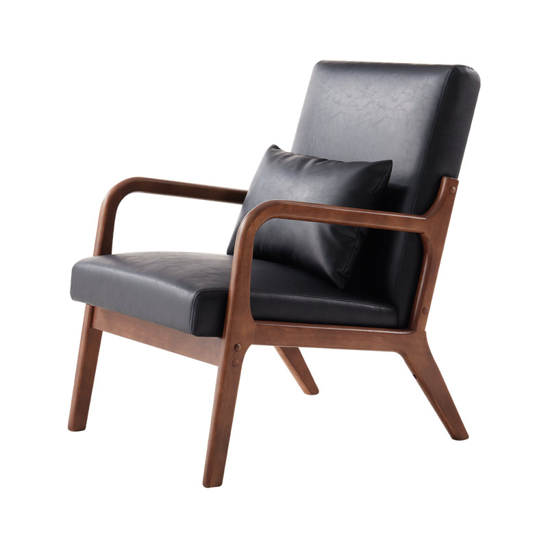Mid-Century Modern Faux Leather Accent Armchair with Pillow,Vintage Brown, Matte Black/Greenish Brown