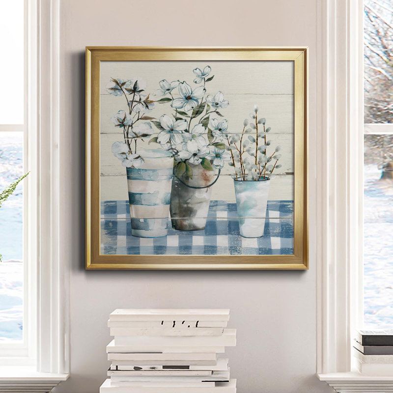 Gingham Blues - Peinture sur toile encadrée, Cadre doré, H 34,5 po x l 34,5 po x P 1,5 po