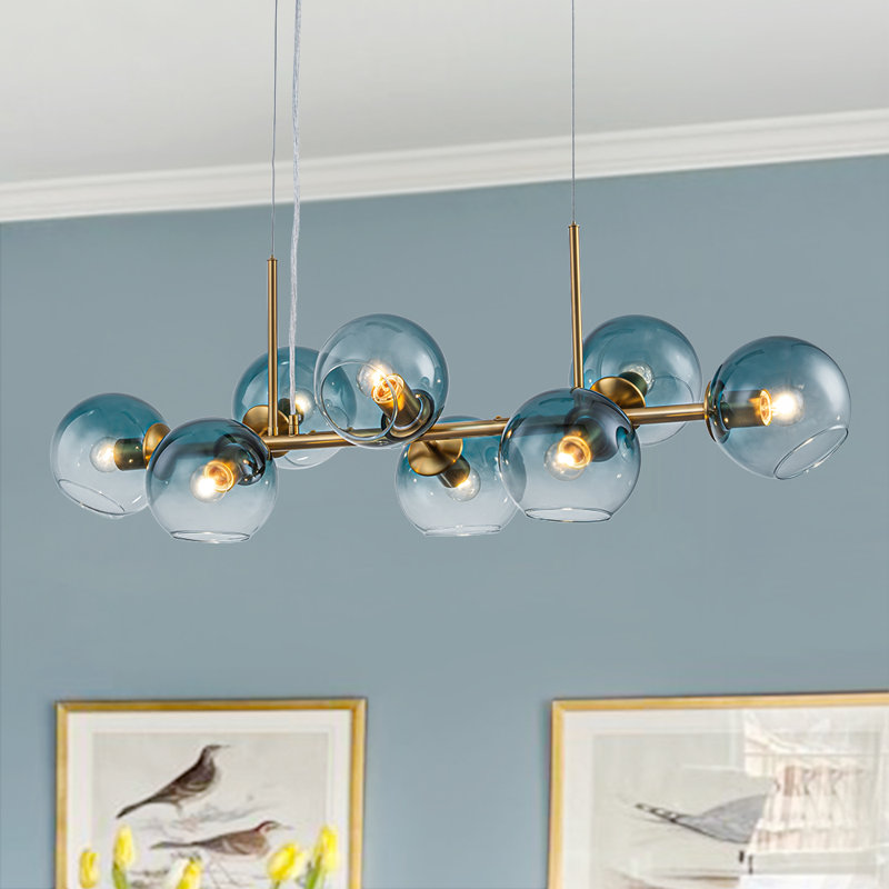 Lustre linéaire en verre bleu à 8 lumières, Laiton