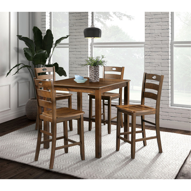 Ensemble de salle à manger 5 pièces de style transitionnel, table carrée en noyer avec 4 chaises à dossier à lattes, bois d'hévéa massif, idéal pour un coin repas.