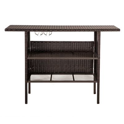 Outdoor Patio Wicker Bar Counter Table Backyard Furniture W/ 2 Steel Shelves And 2 Sets Of Rails