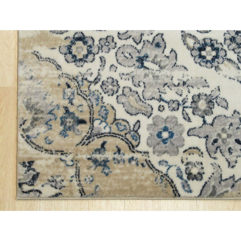 Ivory Machine-Made Polypropylene Distressed Bohemian Isabella Medallion Rug by , Durable and Stylish Area Rug for Adding a Bohemian Chic Touch to Your Living Room, Bedroom, Office, or Home Décor