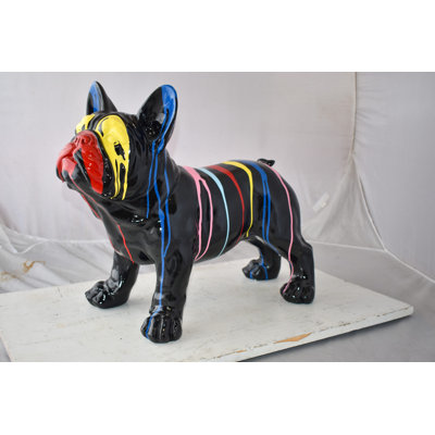 Statue de jardin bouledogue français avec gouttes de peinture en résine, taille: 24 po x 11 po x H 18 po