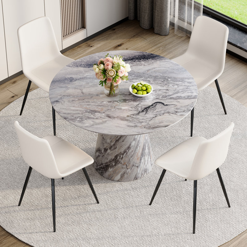 45'' Round Dining Table Set With 4/6 Upholstered Chairs, 5 Pieces: Table, 4 Chairs, White