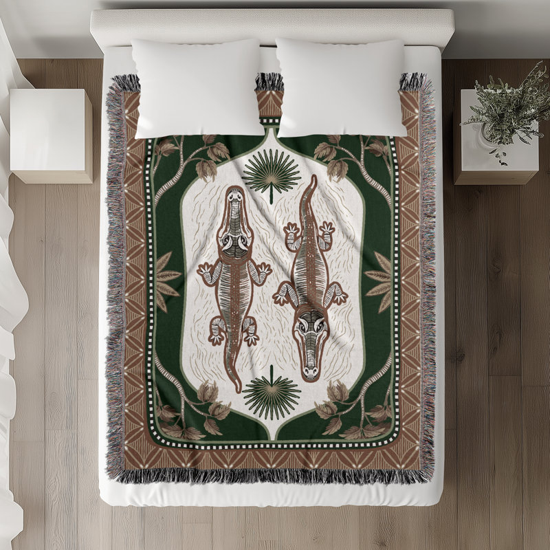 Jeté en mélange de coton Crocodile, Vert / orange brûlé / blanc cassé, L 70 po x l 50 po