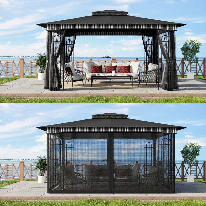 13 Ft.W x 11 Ft.D Outdoor Steel Patio Gazebo with Double Vented Roof, Full Netting and 4 Corner Storage Shelves , Black