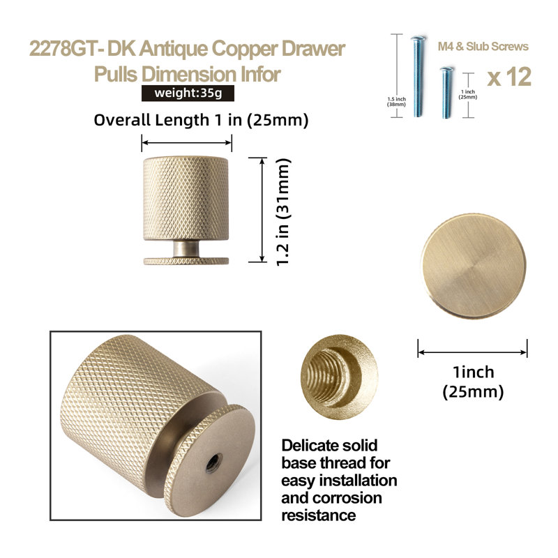 1'' Diameter Cylindrical Knob Multipack, Champagne Bronze