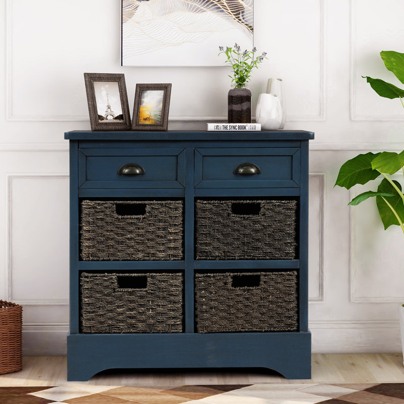 Bueno Wood  Storage Cabinet with Two Drawers and Four Classic Rattan Basket, Antique Navy