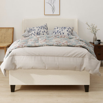 Structure de lit en velours blanc avec tête de lit à haut dossier de 49 po - Lit plateforme tapissier avec support à 12 lattes, pieds en bois massif, aucun sommier requis