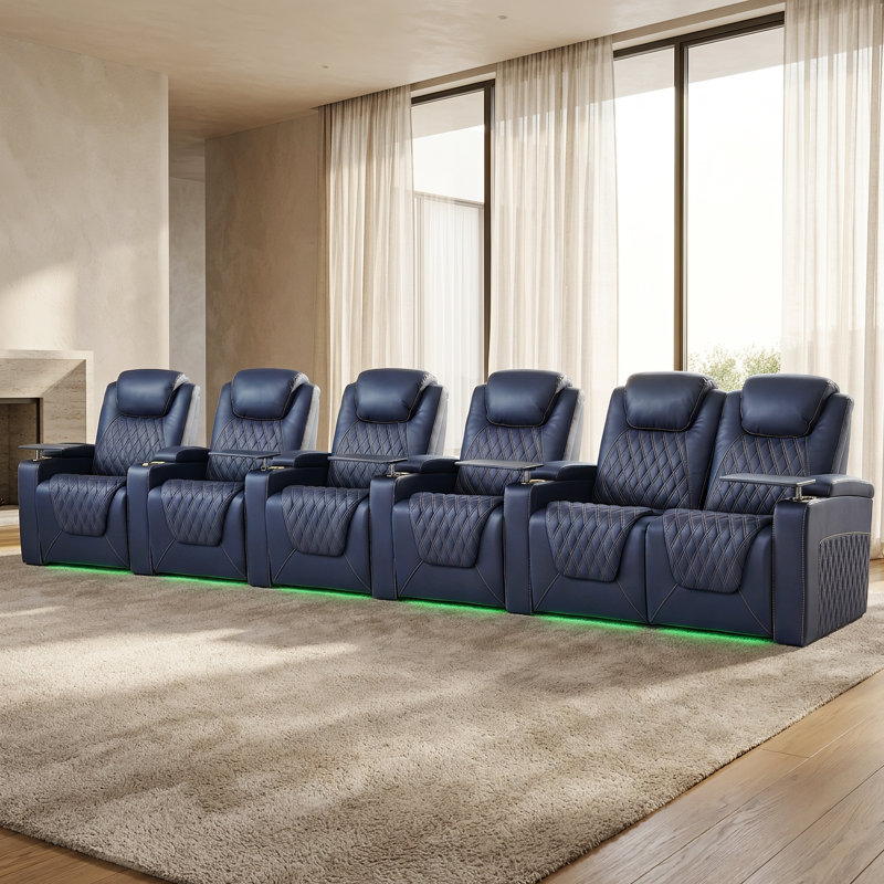 Siège de cinéma inclinable en cuir véritable avec éclairage ambiant à DEL 7 couleurs, appui-tête réglable, charge USB, porte-gobelets et console de rangement