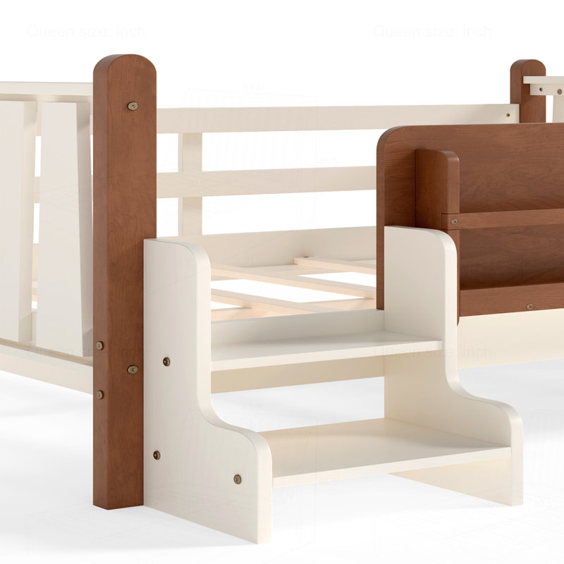 Lit sur pied en bois massif avec bibliothèques de rangement, Beige, Full / Double