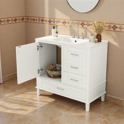 36" Bathroom Vanity With Solid Pine Frame, 1 Soft Close Door And 3 Drawers , Modern Storage Cabinet