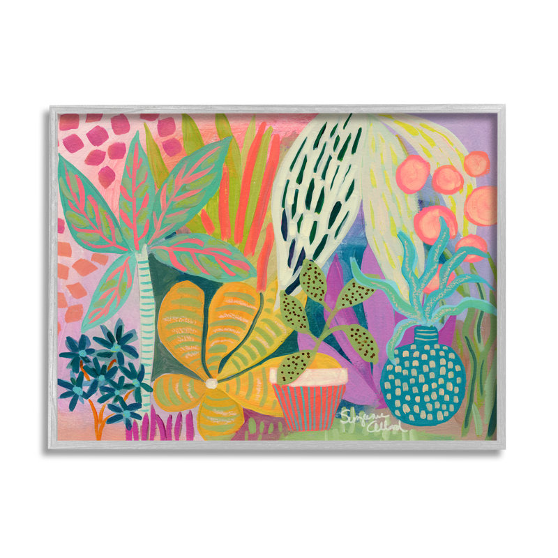 Plantes modernes, formes abstraites encadrées sur bois par Suzanne Allard, peinture, H 11 po x l 14 po x P 1,5 po