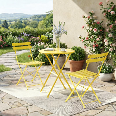 3-Piece Outdoor Folding Table Set, Outdoor Furniture Set with Table and 2 Chairs, Premium Steel Frame Patio Furniture for Balcony, Garden, Yard, and Indoor Use, Yellow