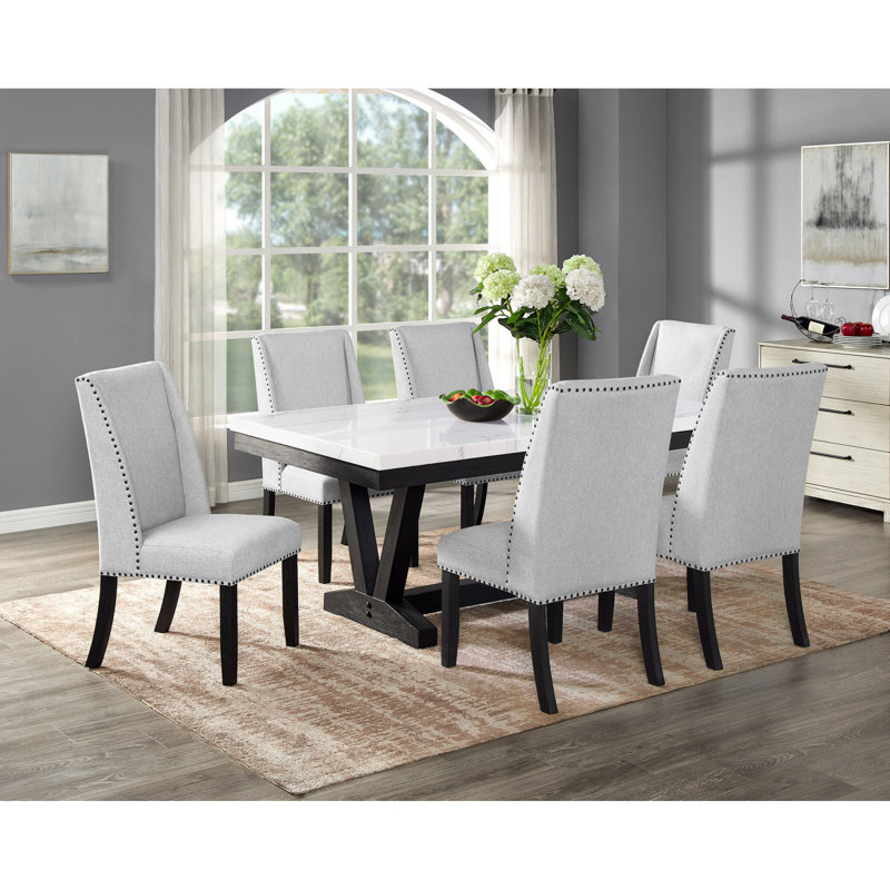 Ensemble de salle à manger 7 pièces de style contemporain avec plateau en marbre véritable blanc et gris, Marbre blanc cassé