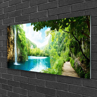 Nature Waterfall Lake Trees - No Frame Print on Glass