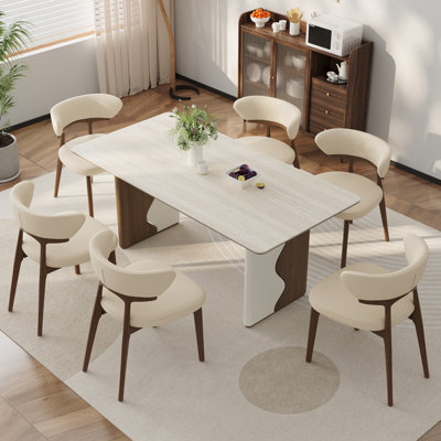 Ensemble de table de salle à manger rectangulaire 7 pièces pour 4 à 6 personnes, table de salle à manger en pierre de 63 po avec 6 chaises de salle à manger modernes en similicuir