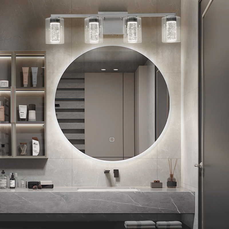 Éclairage pour salle de bain 4 lumières en nickel brossé avec 3 modes de couleur et abat-jour en verre transparent, 4