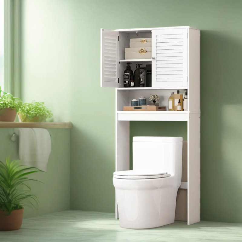 Armoire de rangement au-dessus de la toilette avec portes à lattes, organisateur de salle de bain autoportant à 3 niveaux avec tablette réglable et dispositif anti-basculement, peu encombrant pour la salle de bain et la salle de lavage