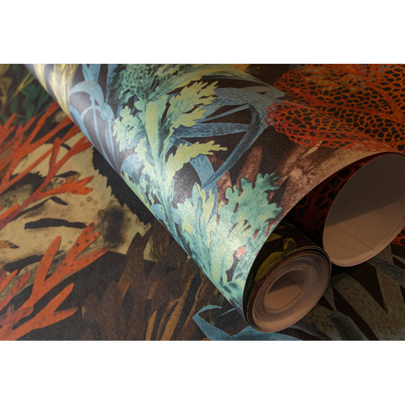 Tropical Collection Bora Bora Coral Inspired 27.8' L x 27.5" W Wallpaper Roll, Blackberry