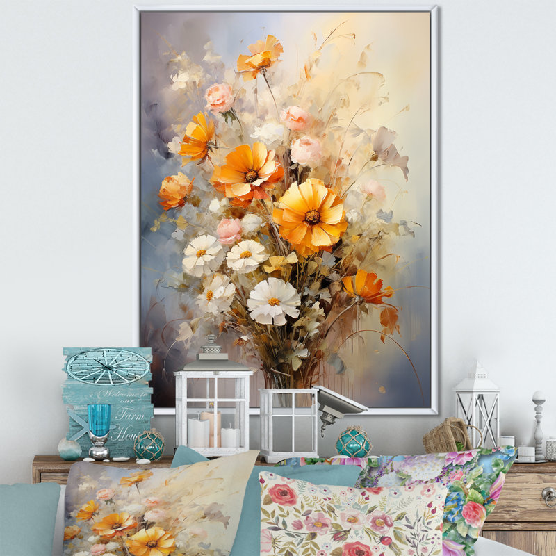 «Darb Beige Sunflowers», impression romantique sur toile, H 44 po x l 34 po x P 1,5 po, Cadre flottant blanc