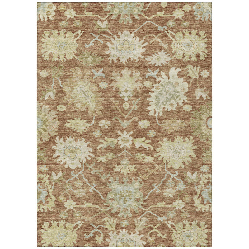 Tapis intérieur lavable floral vert cuivré et ivoire 8 pi x 10 pi